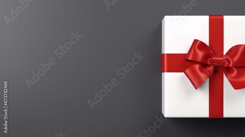 White Gift Box with Red Ribbon Bow on Dark Red Background
