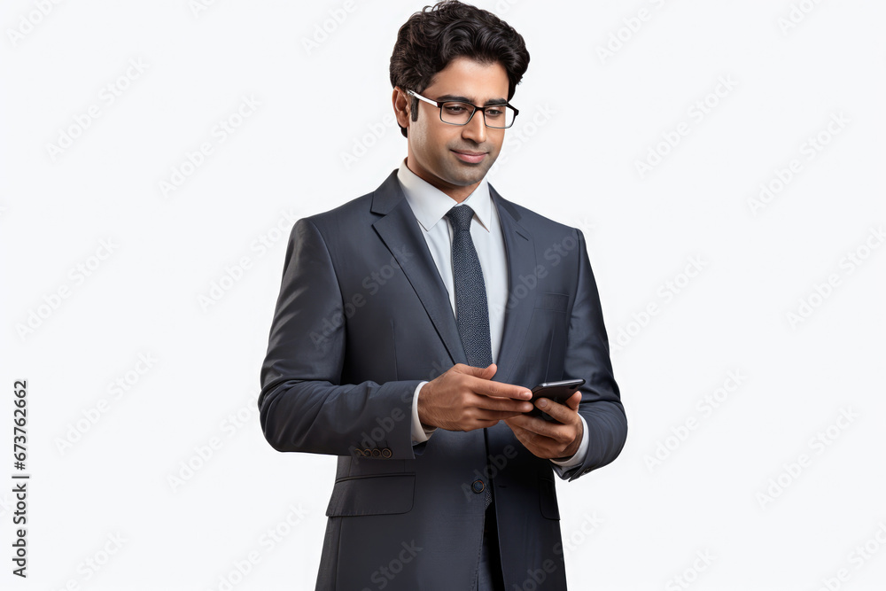 Handsome Indian Businessman Holding Phone On White Background