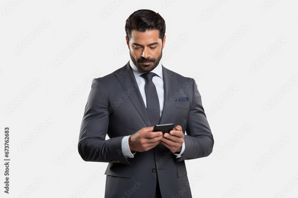 Handsome Indian Businessman Holding Phone On White Background Handsome Indian Businessman Holding Phone On White Background
