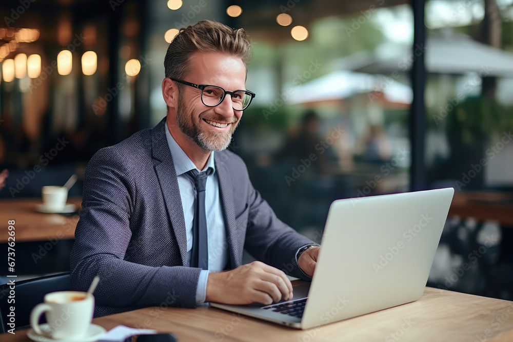 Happy Businessman Working In Front Of Laptop. Сoncept Remote Work Productivity, Work-Life Balance, Digital Nomad Lifestyle, Entrepreneurship Success, Workplace Happiness Happy Businessman Working In Front Of Laptop. Сoncept Remote Work Productivity, Work-Life Balance, Digital Nomad Lifestyle, Entrepreneurship Success, Workplace Happiness