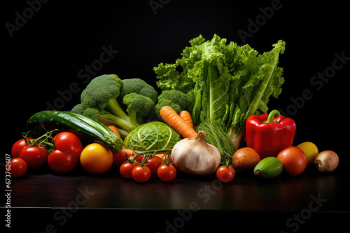 Fresh Salad Vegetables Arranged On Dark Black Backdrop