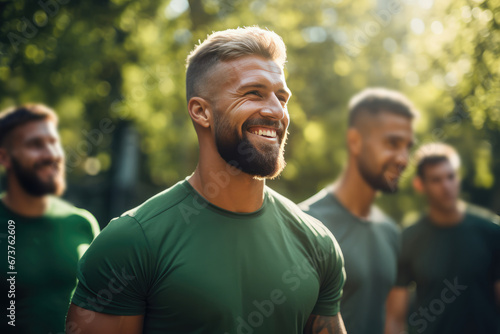 Friends Exercising Together In City Park Muscular Man, Fitness Trainer, Smiling In Green Sportswear