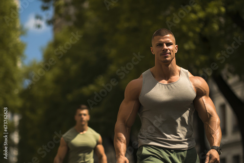 Friends Exercising Together In City Park Muscular Man, Fitness Trainer, Smiling In Green Sportswear