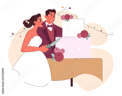 Wedding Cake concept. Joyful couple in elegant attire slice into a lavish wedding cake, surrounded by floral decorations. Moment of celebration. Sweet beginning. Flat vector illustration.