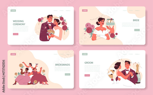 Wedding Day set. Newlywed couple in love, cheerful bride with cake, celebrating bridesmaids, groom's tender moment. Joyful memories. Wedding bliss. Flat vector illustration.