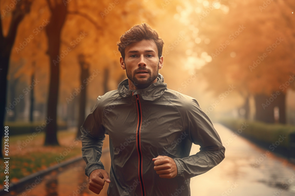 Man running outdoor during workout on autumn day. Man jogging in park. Active man. Cardio training. Physical fitness. Cardio workout. Healthy lifestyle. Daily routine