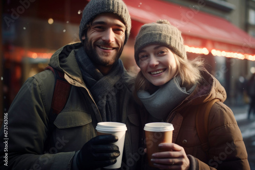 Positive couple having hot drinks on the go outdoors on winter day. Having fun, having conversation, talking together. Enjoying coffee on the go