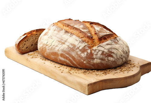 Freshly baked whole round rustic bread on a wooden tray isolated from transparent background