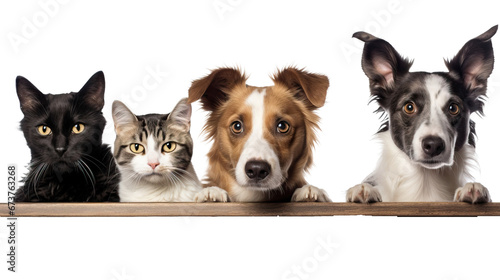 Dogs and cats Peeking Over White Web Banner isolated on transparent background