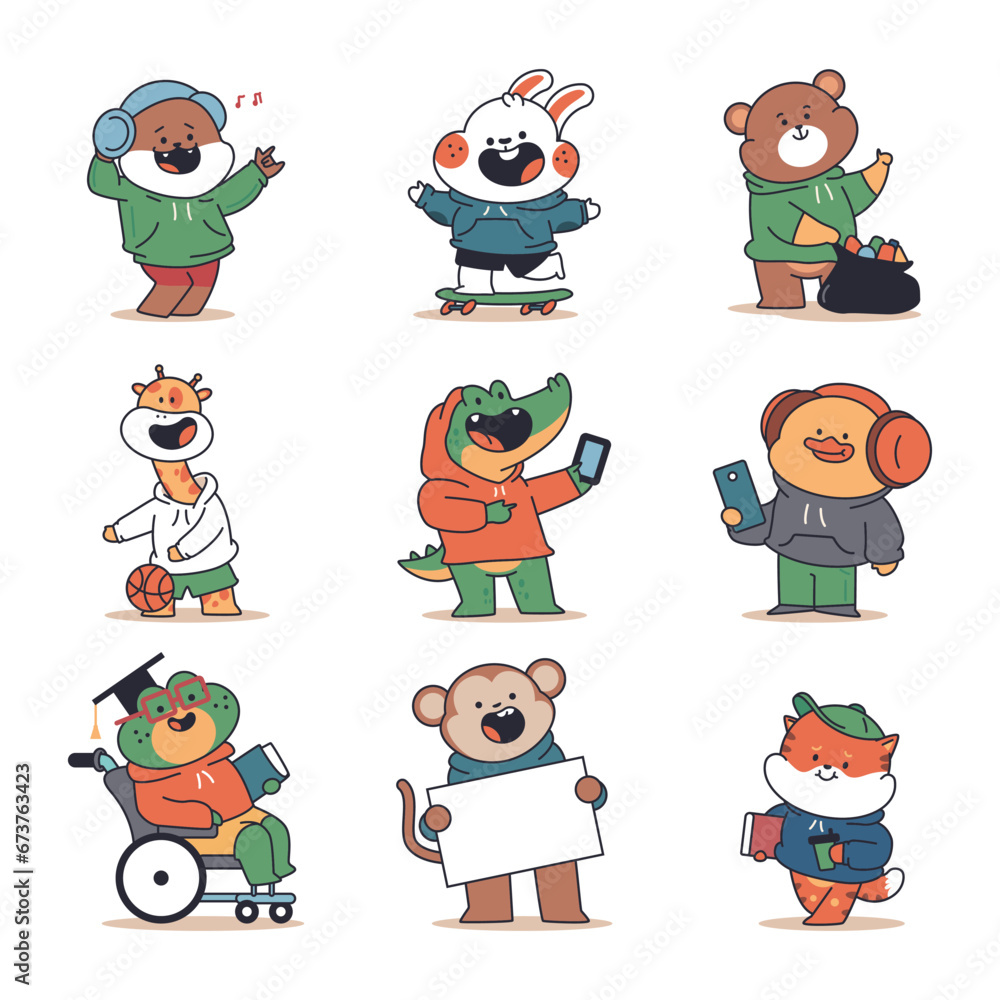 Cute teenagers animals vector funny cartoon characters set isolated on ...