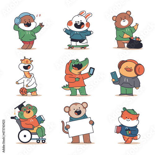 Cute teenagers animals vector funny cartoon characters set isolated on a white background. © Roi_and_Roi