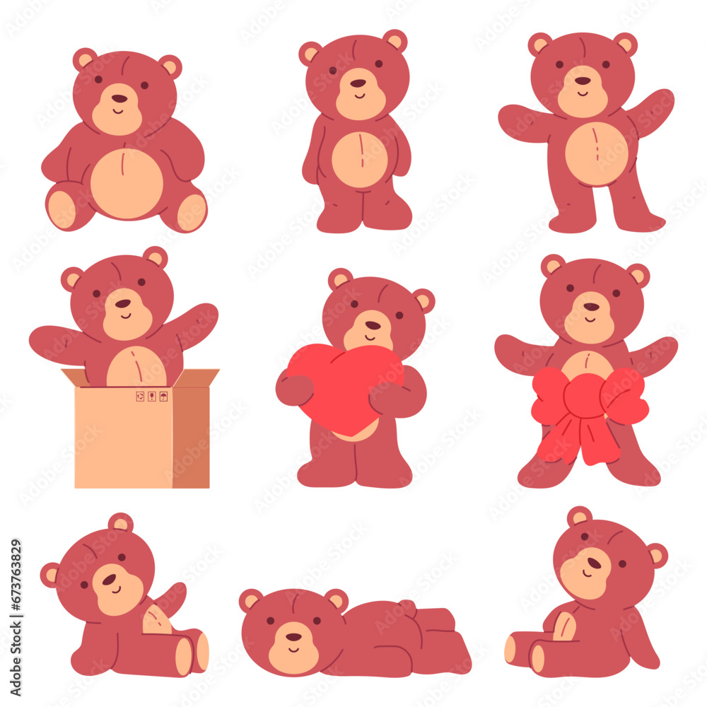 Cute bear toy vector cartoon characters set isolated on a white background.