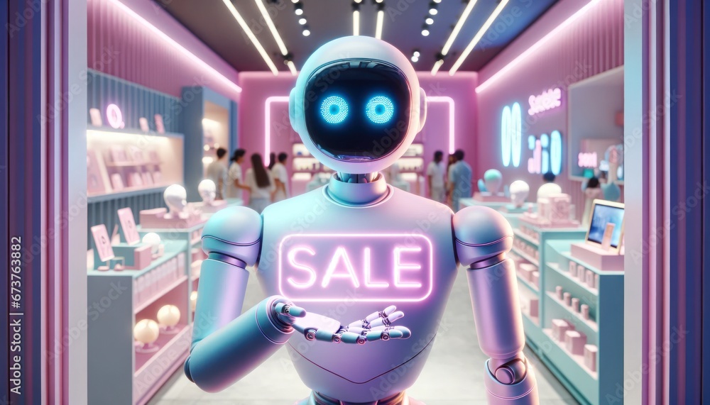 As the futuristic robot roamed the indoor shop, its cartoon-like features captured the attention of customers during the wild sale, creating a fluid and exciting atmosphere