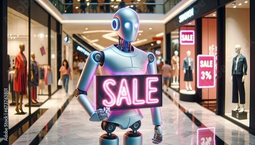 Amidst the bustling mall, a futuristic robot stands tall, holding a sale sign in its metallic hand as cartoon characters on clothing blur past, captivating the attention of every person passing by