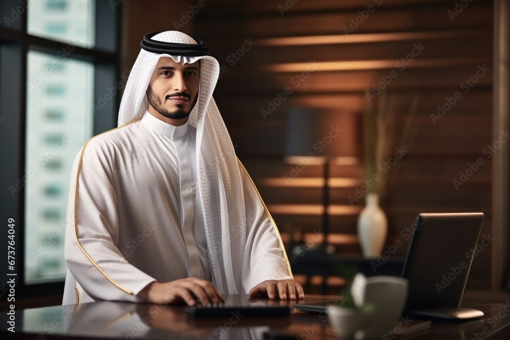 Arab Businessman In Traditional Clothing, Office Scene. Сoncept Food Photography, Nature Landscapes, Celebrity Portraits, Urban Street Art Arab Businessman In Traditional Clothing, Office Scene. Сoncept Food Photography, Nature Landscapes, Celebrity Portraits, Urban Street Art