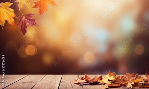Autumn maple leaves on wooden table on bokeh background.Falling leaves natural background.Sunny autumn day with beautiful orange fall foliage in the park. copy space   banner