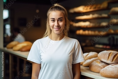 Baker Woman Wearing White Blank Tshirt In Bakery