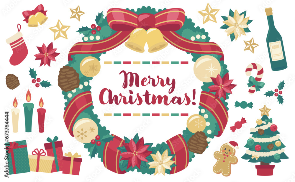 Fototapeta premium クリスマスリースのイラスト_横5