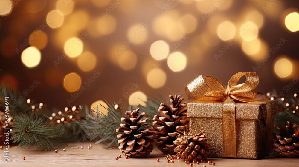 Festive backdrop for Celebrate ,christmas and new year background , gift boxes and pine cones and branches on the background of bokeh garlands wallpaper banner