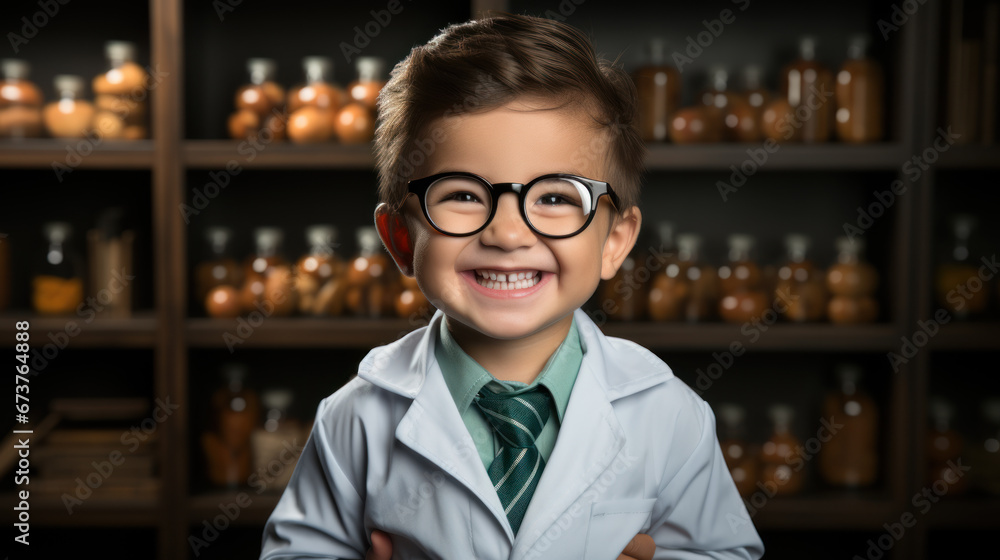 Cheerful Child in Lab Coat Pretending to be Scientist Cheerful Child in Lab Coat Pretending to be Scientist