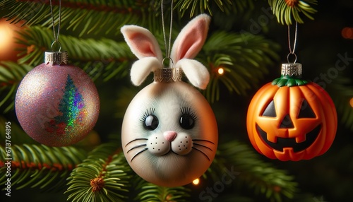 holiday fusion on pine with bauble, easter bunny, and pumpkin symbolizing children's festive joy