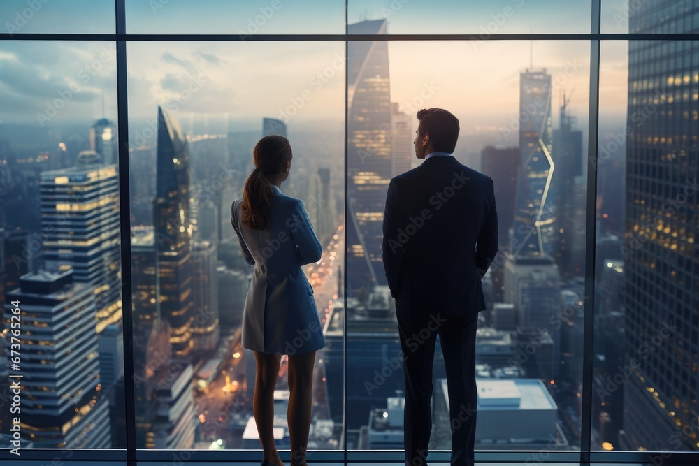 Business Man And Woman Stand Amidst Cityscape In Skyscraper Business Man And Woman Stand Amidst Cityscape In Skyscraper