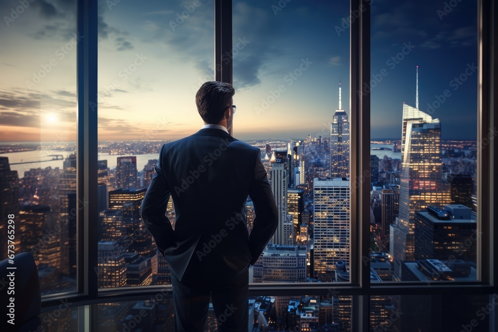 Fototapeta premium Businessman Looking Out Into City From Skyscraper Window