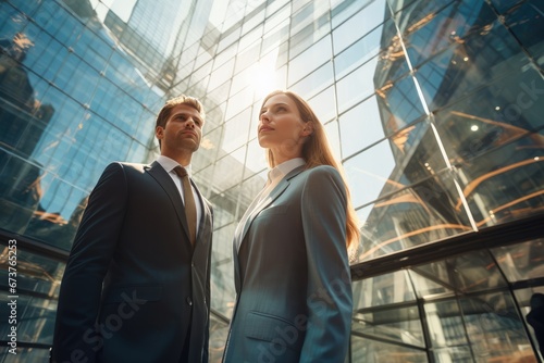 Business Man And Woman Stand Amidst Cityscape In Skyscraper