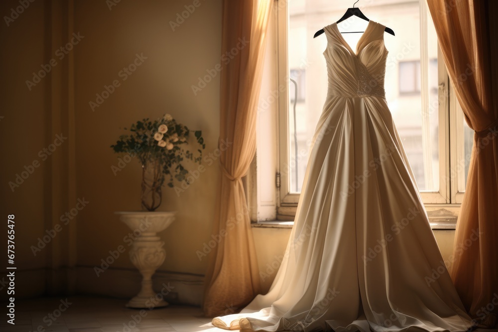 Closeup Wedding Dress In Bridal Room Background Detailed View Of Wedding Dress Against Backdrop Of Bridal Room Closeup Wedding Dress In Bridal Room Background Detailed View Of Wedding Dress Against Backdrop Of Bridal Room