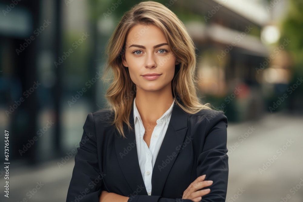 Confident Female Entrepreneur Poses Outdoors With Crossed Arms Confident Female Entrepreneur Poses Outdoors With Crossed Arms