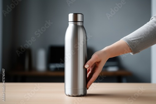 Closeup Of Female Hand Holding Stainless Steel Water Bottle Mockup photo