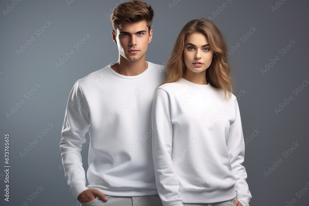 Couple Wearing White Tshirt Sweatshirt Mockup On White Background Couple Wearing White Tshirt Sweatshirt Mockup On White Background
