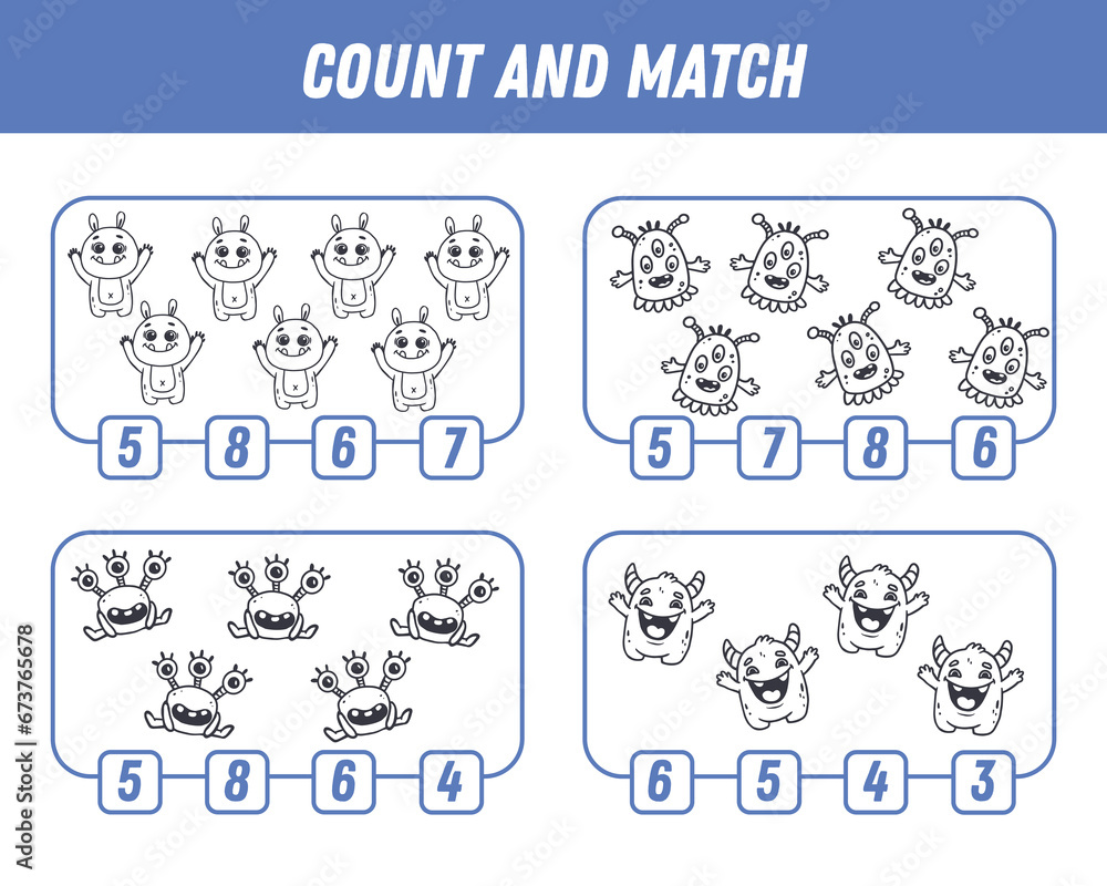 Education game for children count and match of cute cartoon monsters, printable worksheet. Vector Education game for children count and match of cute cartoon monsters, printable worksheet. Vector