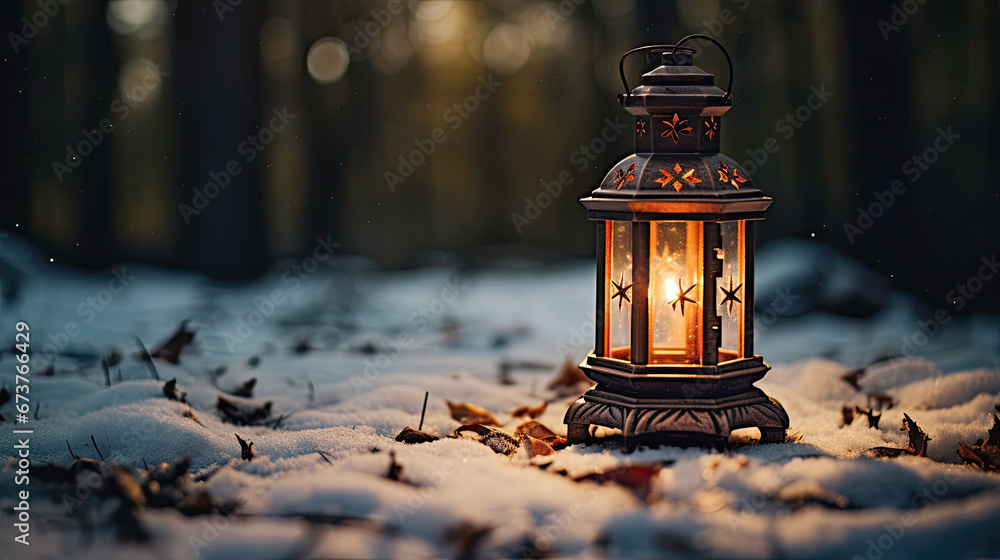 christmas lantern in the snow with copy space, Candle lantern under the snowy branches at dusk. Christmas time in a wintery garden. christmas lantern in the snow with copy space, Candle lantern under the snowy branches at dusk. Christmas time in a wintery garden.