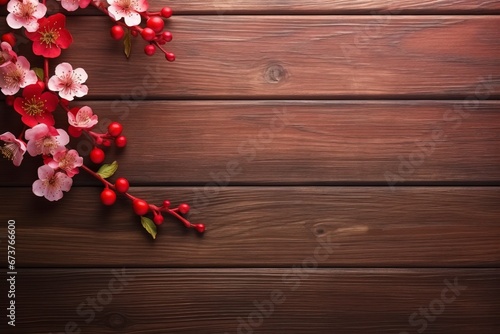 flat lay lunar new year or Happy Chinese new year decorations celebration with copy space on the wood background, generative ai