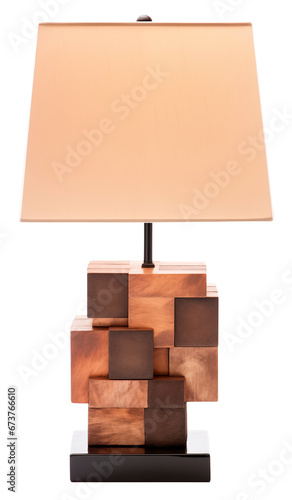 Modern table lamp with white shade and geometric quadra wood base. Isolated on a transparent background. photo