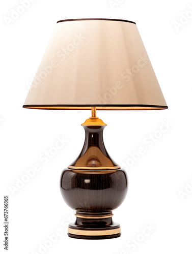 Classic, luxurious table lamp with white lampshade and ceramic base. Isolated on a transparent background. photo