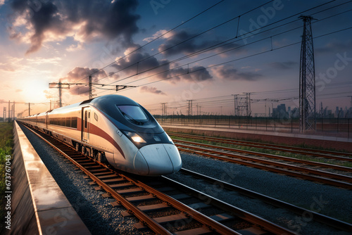 Wallpaper Mural a bullet train on train tracks with landscape in the background Torontodigital.ca