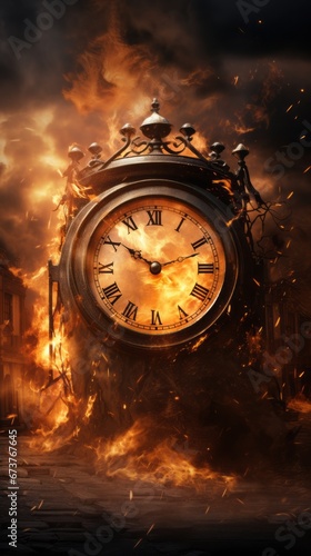 Erupting Clock with Roman Numerals. Historical Fiction Drama Scene.
