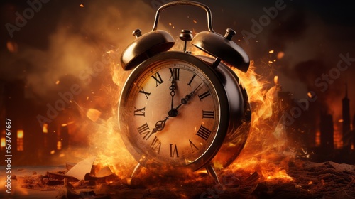 Surreal Burning Clock with Roman Numerals. Dramatic Historical Fiction Scene. Time Burning Concept.