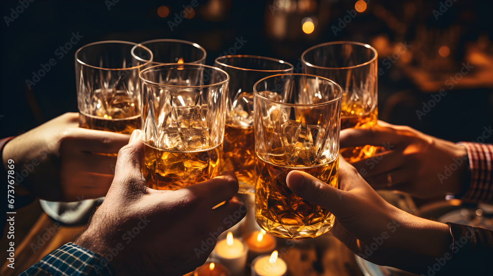 cheers glasses of whiskey in hands, for celebrating a friendly party or week ending in a bar or a restaurant. - obrazy, fototapety, plakaty 