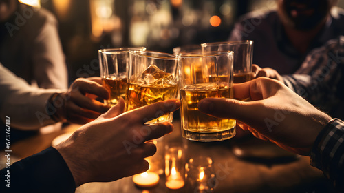 cheers glasses of whiskey in hands, for celebrating a friendly party or week ending in a bar or a restaurant. photo