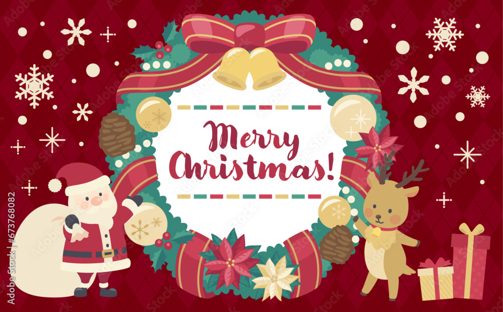 クリスマスリースのイラスト赤背景_横1