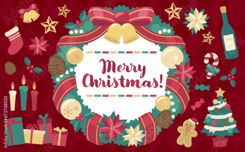 クリスマスリースのイラスト赤背景_横5