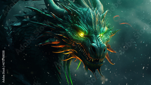 Green Chinese dragon with yellow eyes