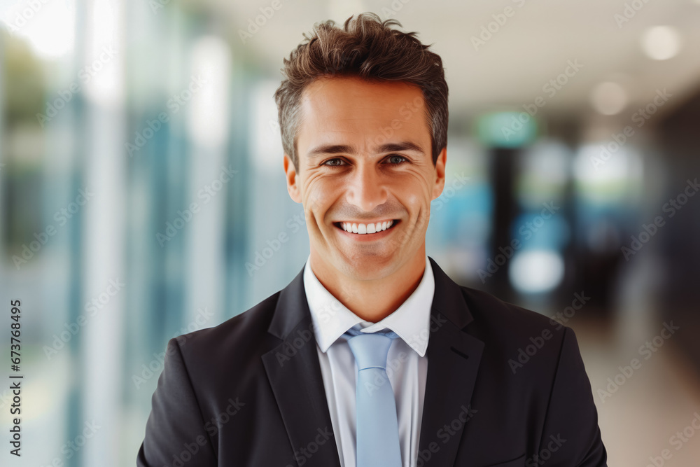 Business man smiling at the camera. Portrait of confident happy young man in a suit smiling at camera. Business concept, men at work.