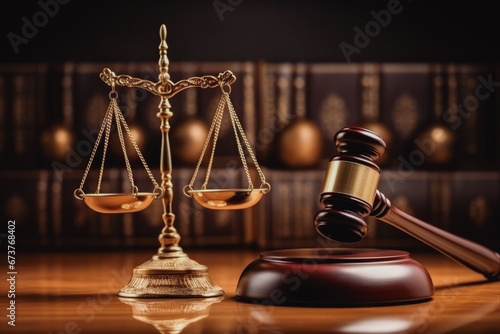 World and wooden gavel with a golden scale for law interpretation. Justice and court concept.