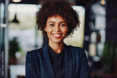 Black business woman smiling at the camera. Portrait of confident young woman in a suit smiling at camera. Female business person portrait.