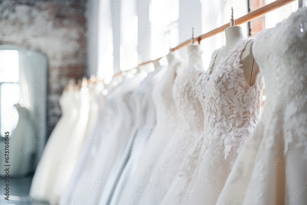 Graceful, Hanging White Wedding Dresses In Bridal Boutique