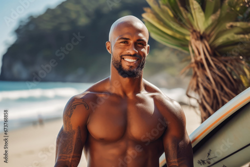 Black male surfer on the beach with surfboard in hand. Handsome male surfer smiling at camera, ready to go surfing. Summer at the beach, surfing photo
